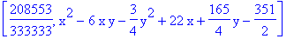 [208553/333333, x^2-6*x*y-3/4*y^2+22*x+165/4*y-351/2]